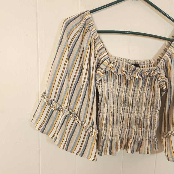 Angie Striped Smocked Peasant Boho Blouse Size Medium Milkmaid - Picture 2 of 15